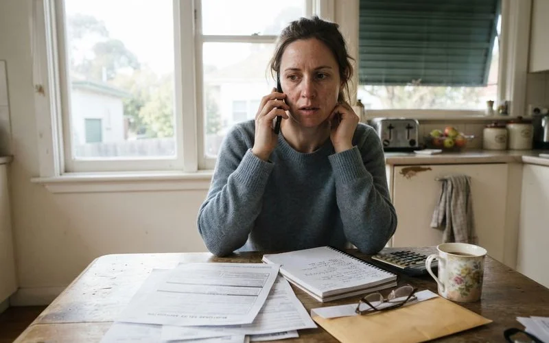 A homeowner on the phone reviewing paperwork with storm shutters visible through a window in the background