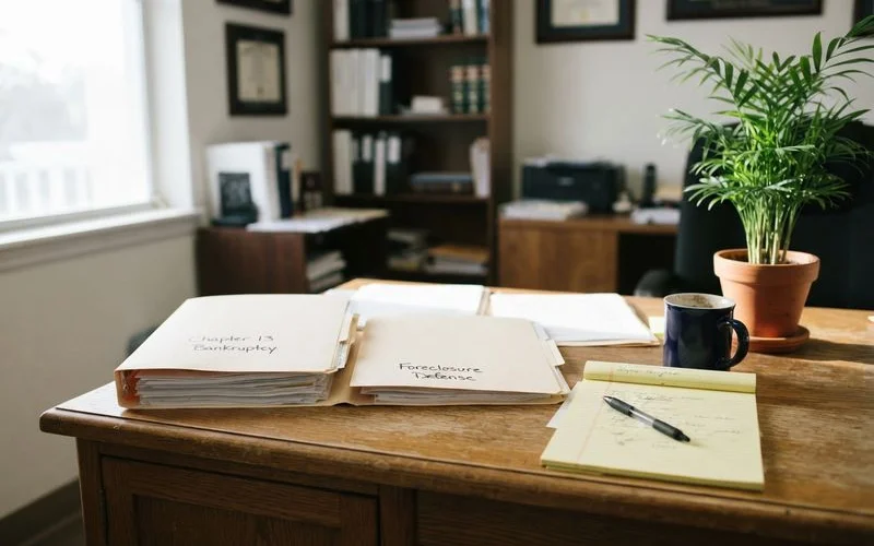 Two folders side by side on a desk, one labeled foreclosure defense and one labeled bankruptcy filing