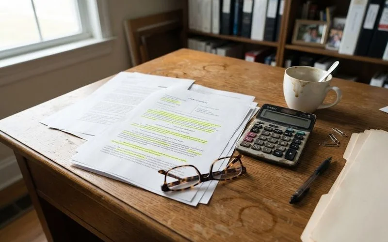 A gavel resting next to a folder labeled foreclosure judgment on a wooden desk