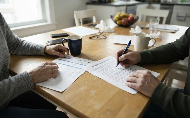 Two sets of house keys on a table next to a folder labeled divorce settlement and mortgage documents