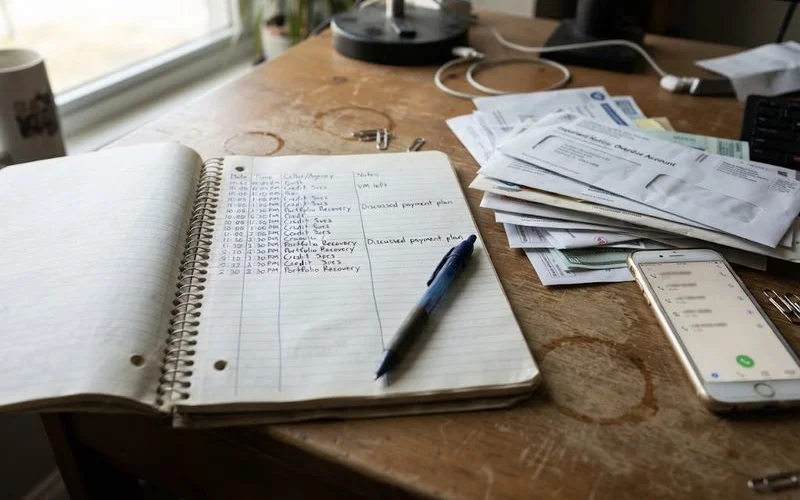 A person holding a phone showing a missed call log next to a notepad with dates and times written down