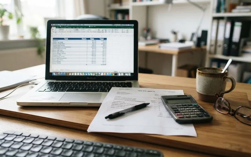 A notepad and calculator sitting next to a folder labeled legal fees on a desk