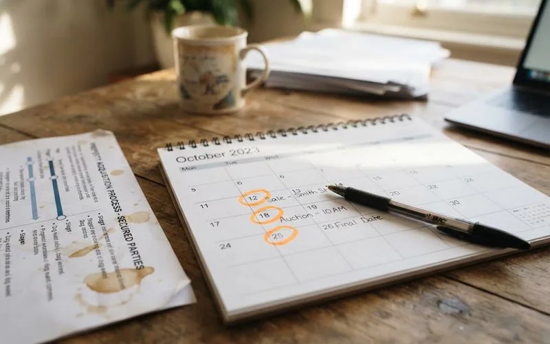 A calendar with several dates circled next to a stack of foreclosure-related legal notices