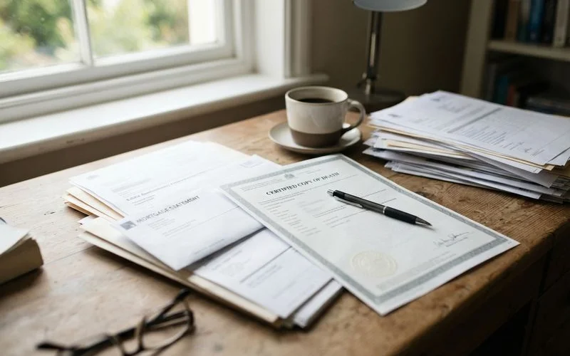 A family reviewing paperwork together at a table, including a folder labeled estate documents