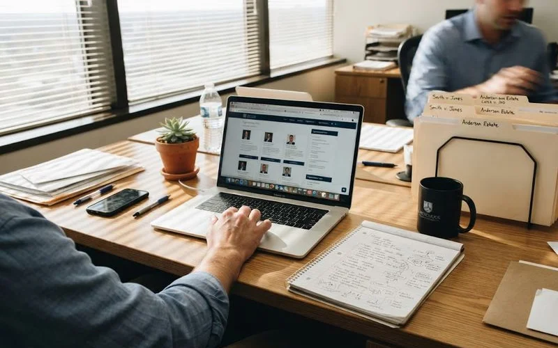 A magnifying glass hovering over a printed directory page of law firm listings next to a laptop showing a Google reviews screen