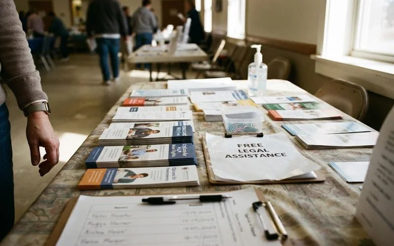 A community legal aid office with a reception desk and informational pamphlets on a side table
