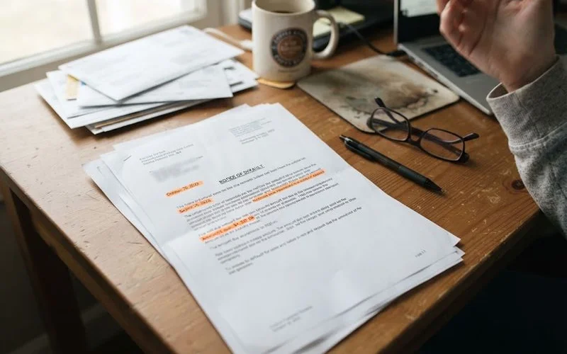 A stack of mail with an official-looking legal notice on top, next to a pen and a notepad