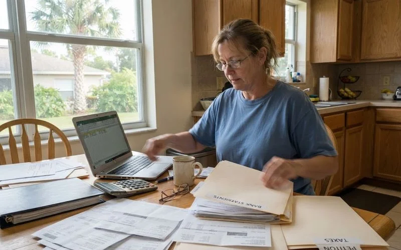 A person organizing bills and bank statements into folders labeled by category on a table