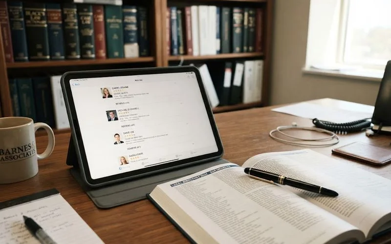 A local business directory website open on a desktop monitor showing a ranked list of attorney profiles with star indicators