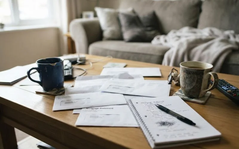 An adult child and older parent reviewing mail and bills together at a table