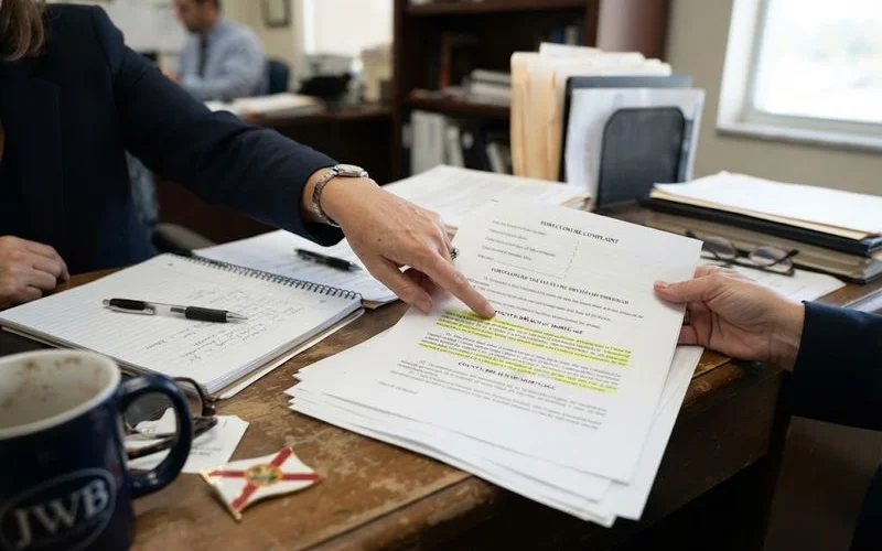 A homeowner reviewing legal documents at a kitchen table with a laptop and folder of paperwork nearby