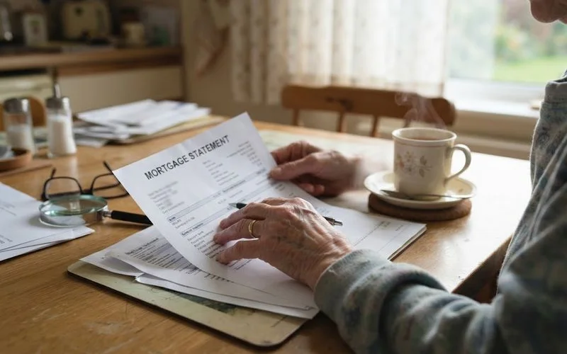An elderly homeowner reviewing paperwork at a kitchen table with a cup of coffee nearby