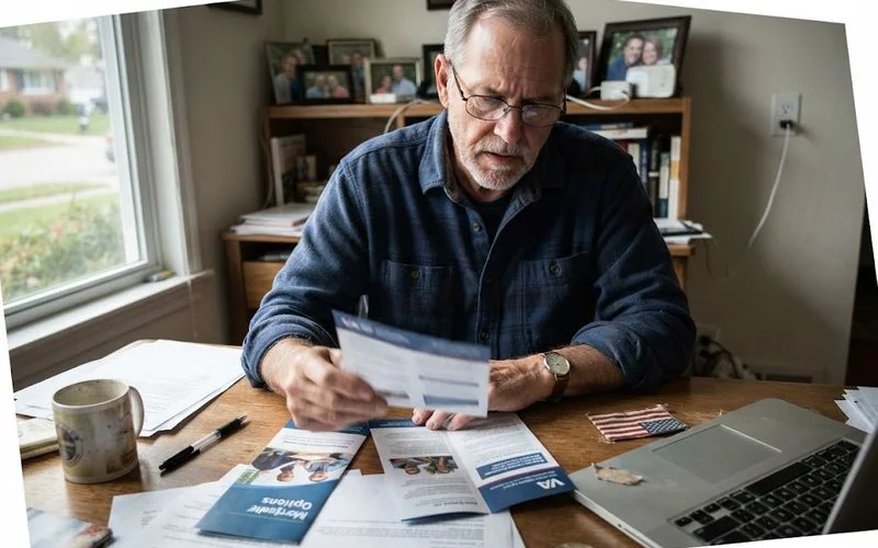 A service member in casual clothing reviewing mortgage paperwork alongside a folder marked veterans benefits